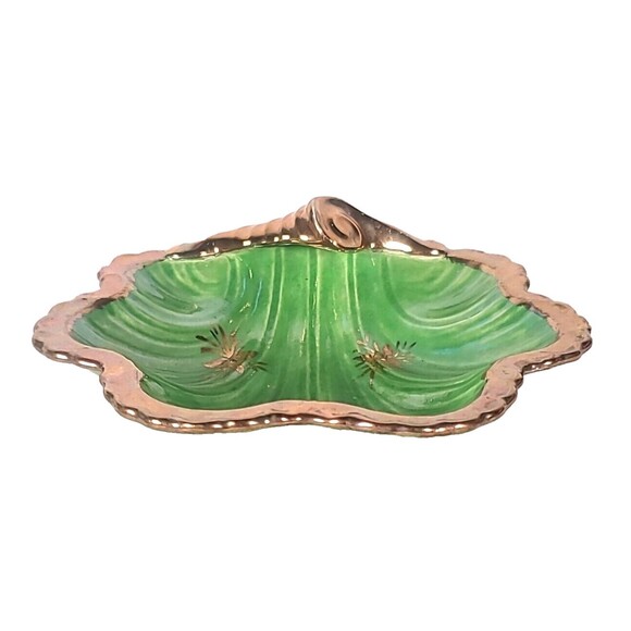 VTG Green & Gold Ceramic Shell Dish Seashell Scroll Bowl- Maker's Mark "G" MCM - Picture 6 of 12